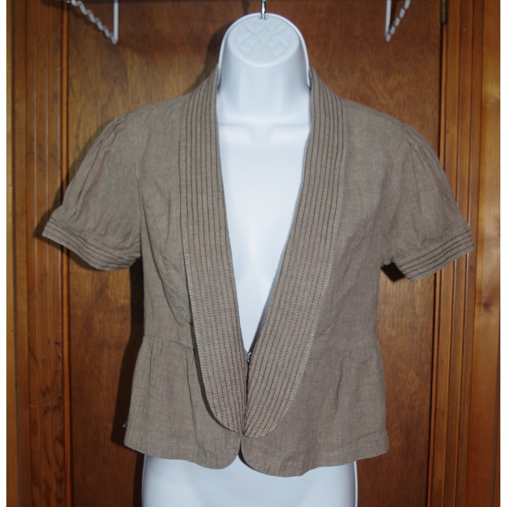 Candies Womens Medium Taupe Brown Linen Blend Short Sleeve Cropped Jacket